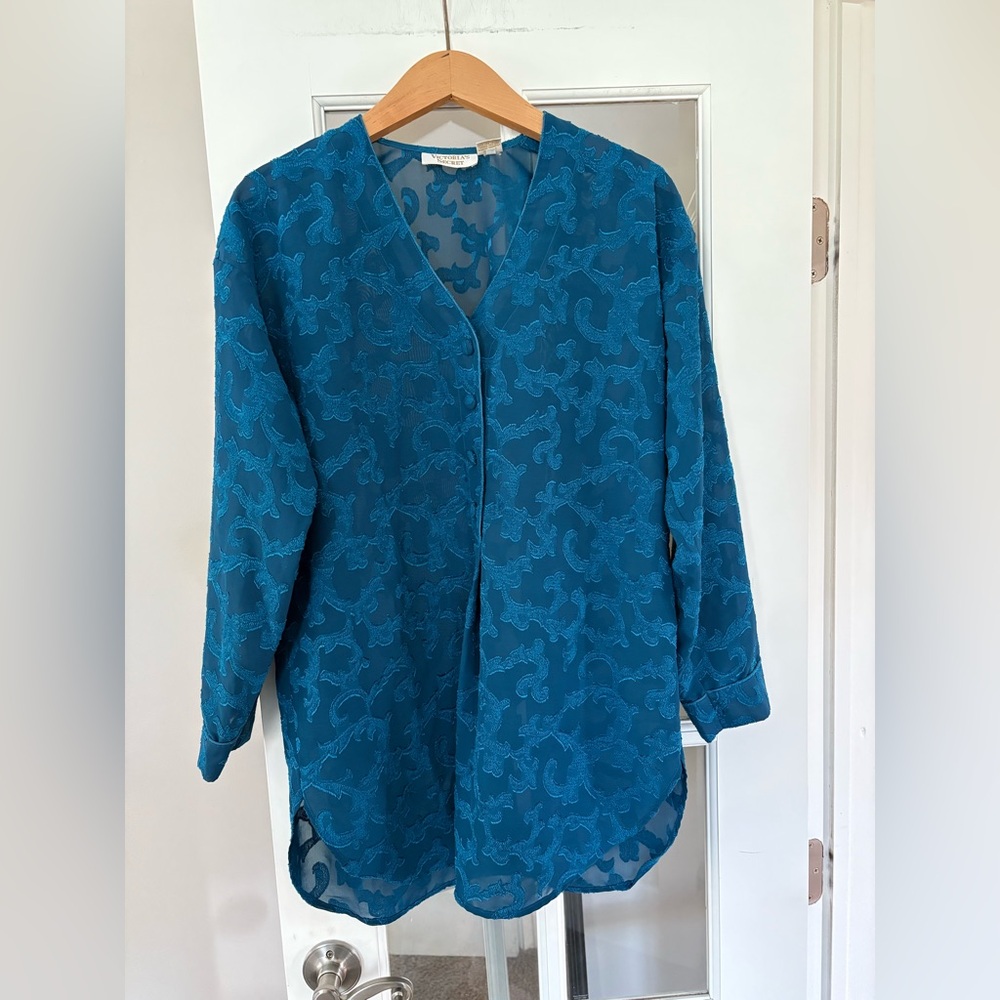 Victorias Secret Vintage Gold Label Sheer Night Shirt Pajama P/S Teal Floral Pjs
